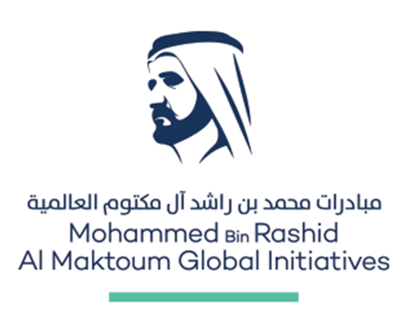 Logo des Initiatives Globales Mohammed Bin Rashid Al Maktoum avec un portrait stylisé et du texte en arabe et en anglais.