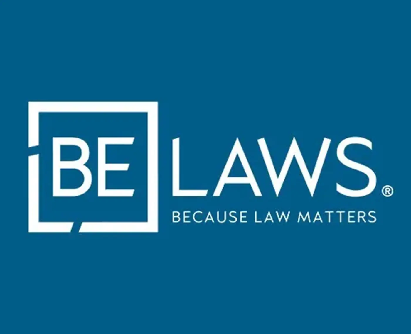 BeLaws-Logo mit dem Slogan „Because Law Matters“ auf blauem Hintergrund.