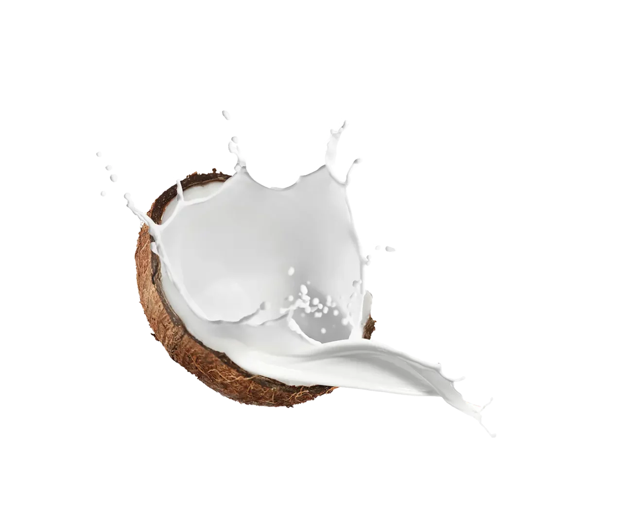 Open coconut with a splash of coconut milk suspended in it.