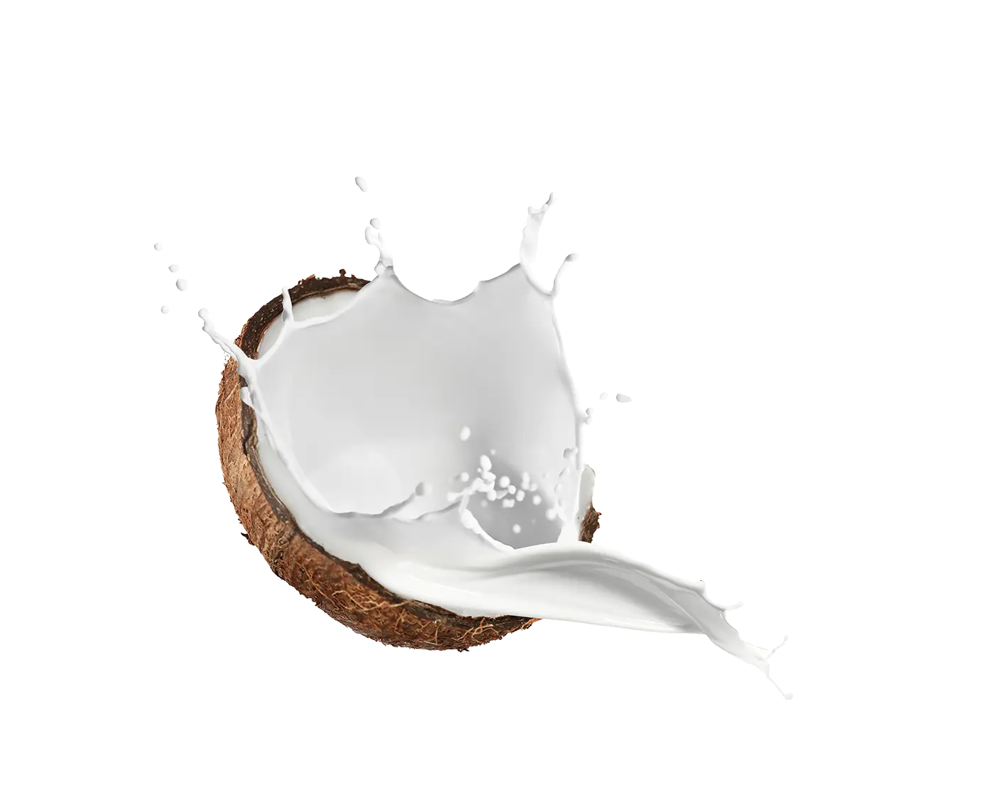 Open coconut with a splash of coconut milk suspended in it.