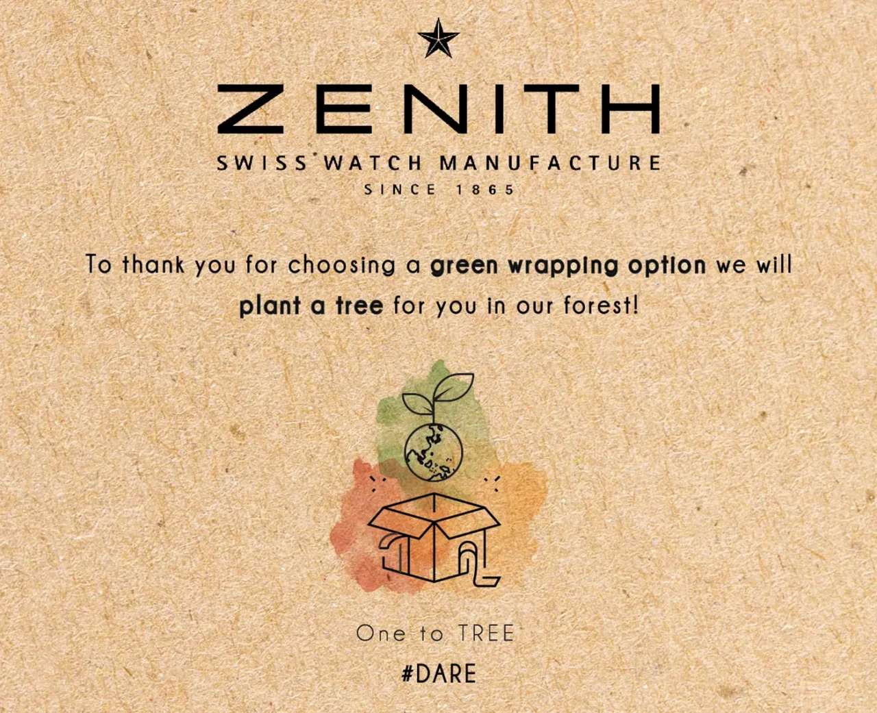 Poster aus recyceltem Papier mit dem Logo der Zenith Swiss Watch Manufacture. Der Text hebt eine ökologische Initiative hervor: Für jede ausgewählte ökologische Verpackung wird ein Baum gepflanzt.