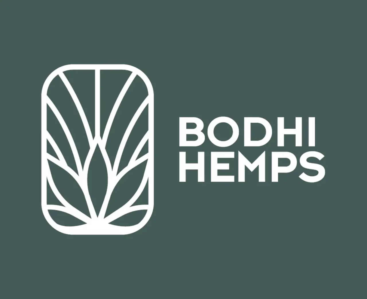 Logo de Bodhi Hemps avec une représentation stylisée d'une feuille, insérée dans un cadre rectangulaire, le tout en blanc sur un fond vert foncé, accompagné du texte "BODHI HEMPS" en lettres majuscules blanches.