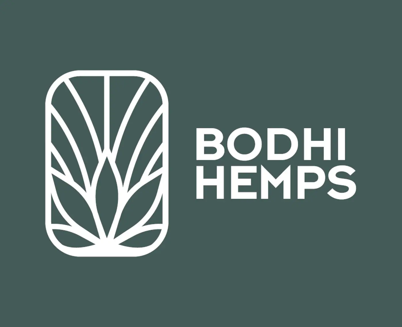 Logotipo de Bodhi Hemps con una representación estilizada de una hoja, situada en un marco rectangular, todo en blanco sobre fondo verde oscuro, acompañado del texto "BODHI HEMPS" en mayúsculas blancas.