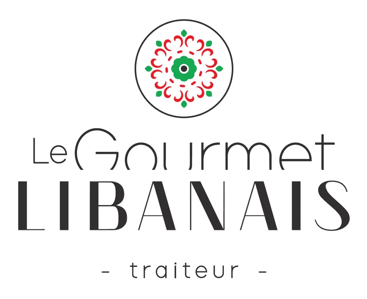 Offizielles Logo des Caterers Le Gourmet Libanais mit einer eleganten Schriftart und einem kreisförmigen Muster in Rot und Grün, das ein traditionelles Dekorationssymbol darstellt.