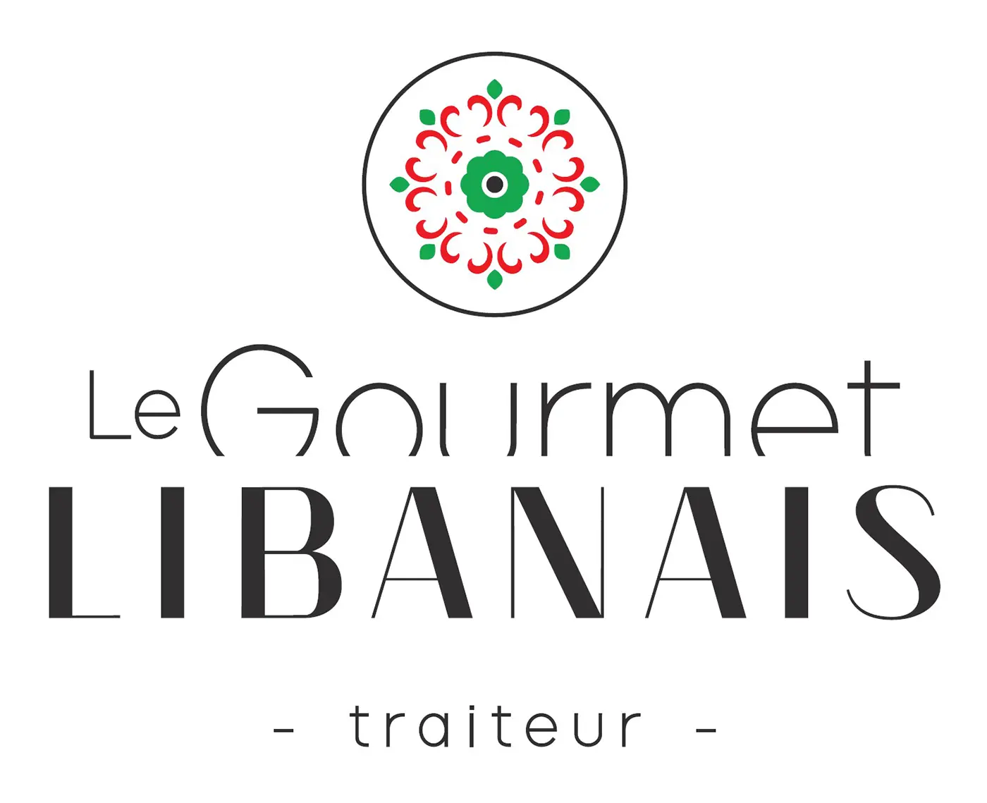 Logotipo oficial do fornecedor Le Gourmet Libanais, com fonte elegante e padrão circular decorado em vermelho e verde, representando um símbolo decorativo tradicional.