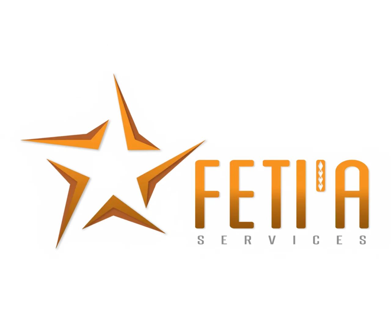 Fetia 服务公司徽标，徽标上有一个橙色的星形图案，公司名称为 "Fetia"，大写字母颜色协调，下面有灰色的 "服务 "字样。