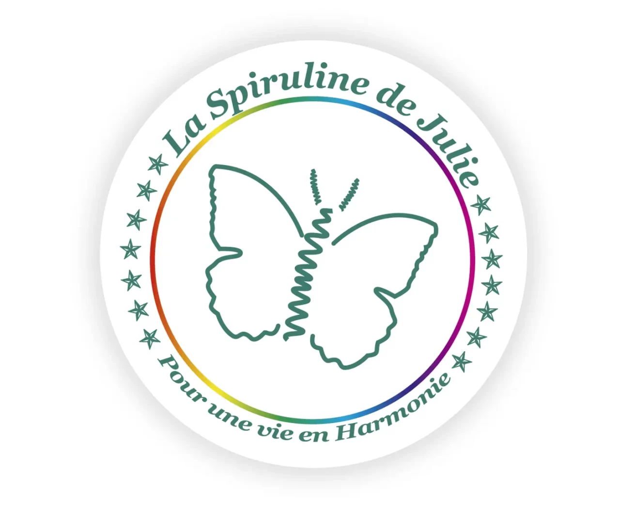 Logo of La Spiruline de Julie with a butterfly and the slogan "For a life in harmony".