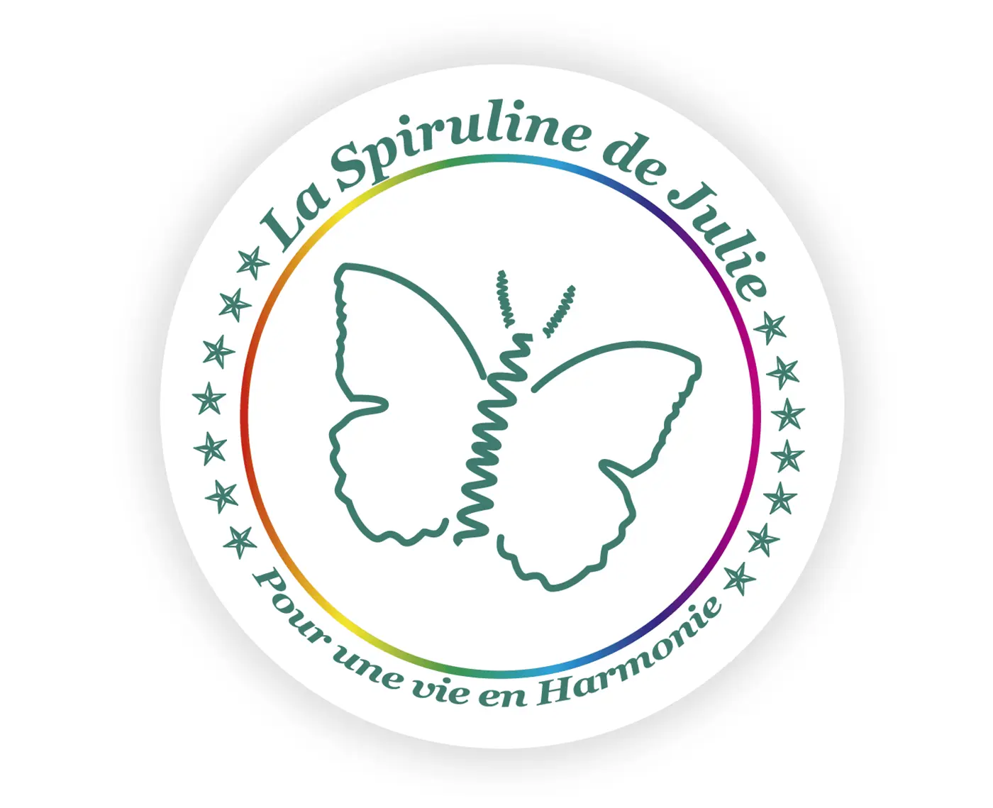 Logo von La Spiruline de Julie mit einem Schmetterling und dem Slogan „Für ein Leben in Harmonie“.