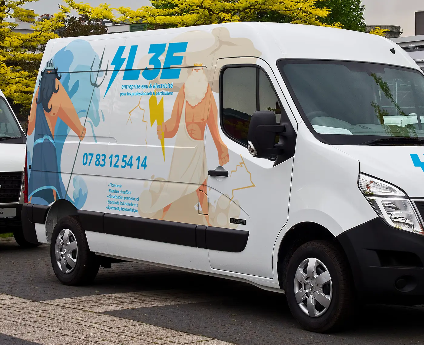 SL3E company van with an illustration of Neptune and Zeus on the body, symbolizing water and electricity.