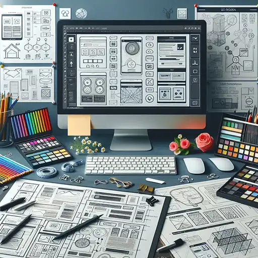 Bureau de travail créatif avec ordinateur et fournitures de dessin