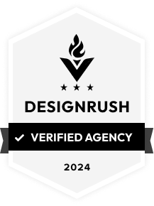 Badge hexagonal "DesignRush Verified Agency 2024", noir et blanc, avec un logo en forme de flamme et des étoiles.