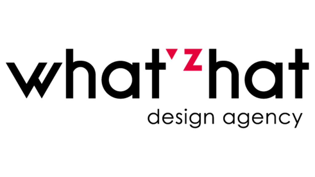 Logotipo da What'zhat, combinando texto preto e um elemento gráfico vermelho, em um fundo transparente.