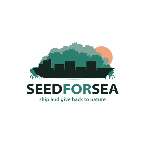 Logotipo alternativo de Seed for Sea, que muestra un barco de carga verde navegando junto a un bosque estilizado, con un amanecer de fondo.